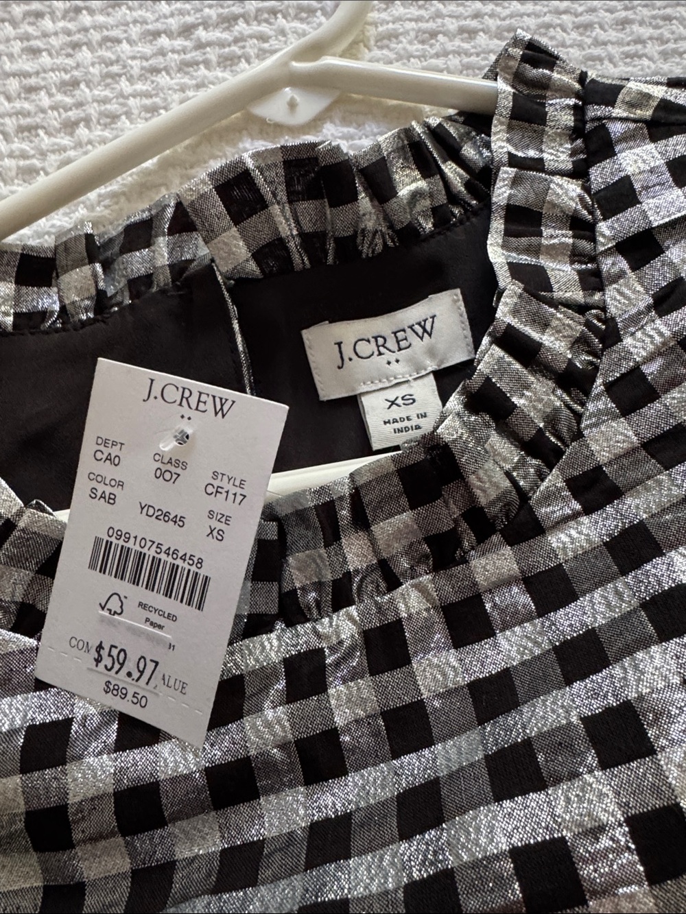 J. Crew Black & Silver shine Gingham Puff-Sleeve Blouse - Picture 5 of 6